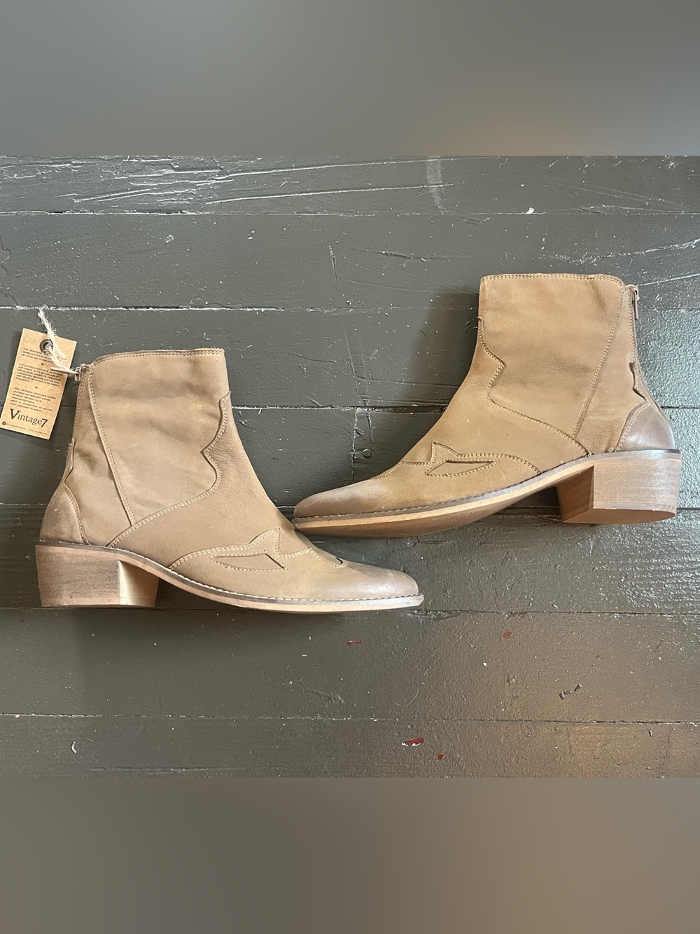 Vintage 7 Beige Suede Western Ankle Boots